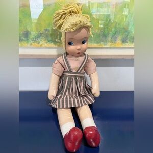 Carnival Plastic Face Cloth Fabric Doll Blonde Yarn Braid Blue Eyes Vintage 60s